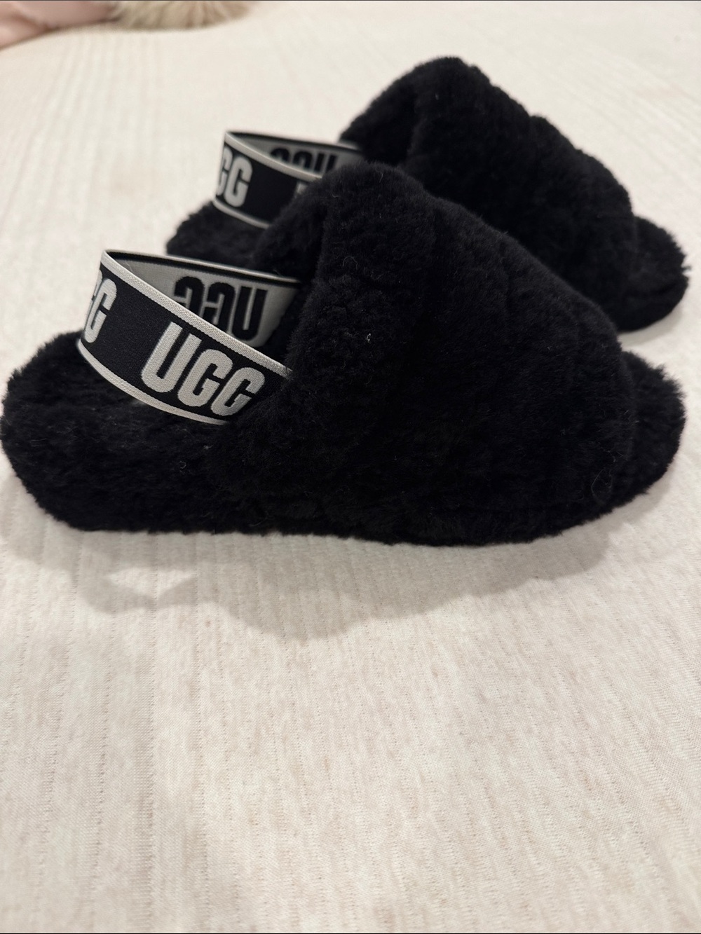 UGG Kids Black Fluffy Slide with Logo Heel Strap